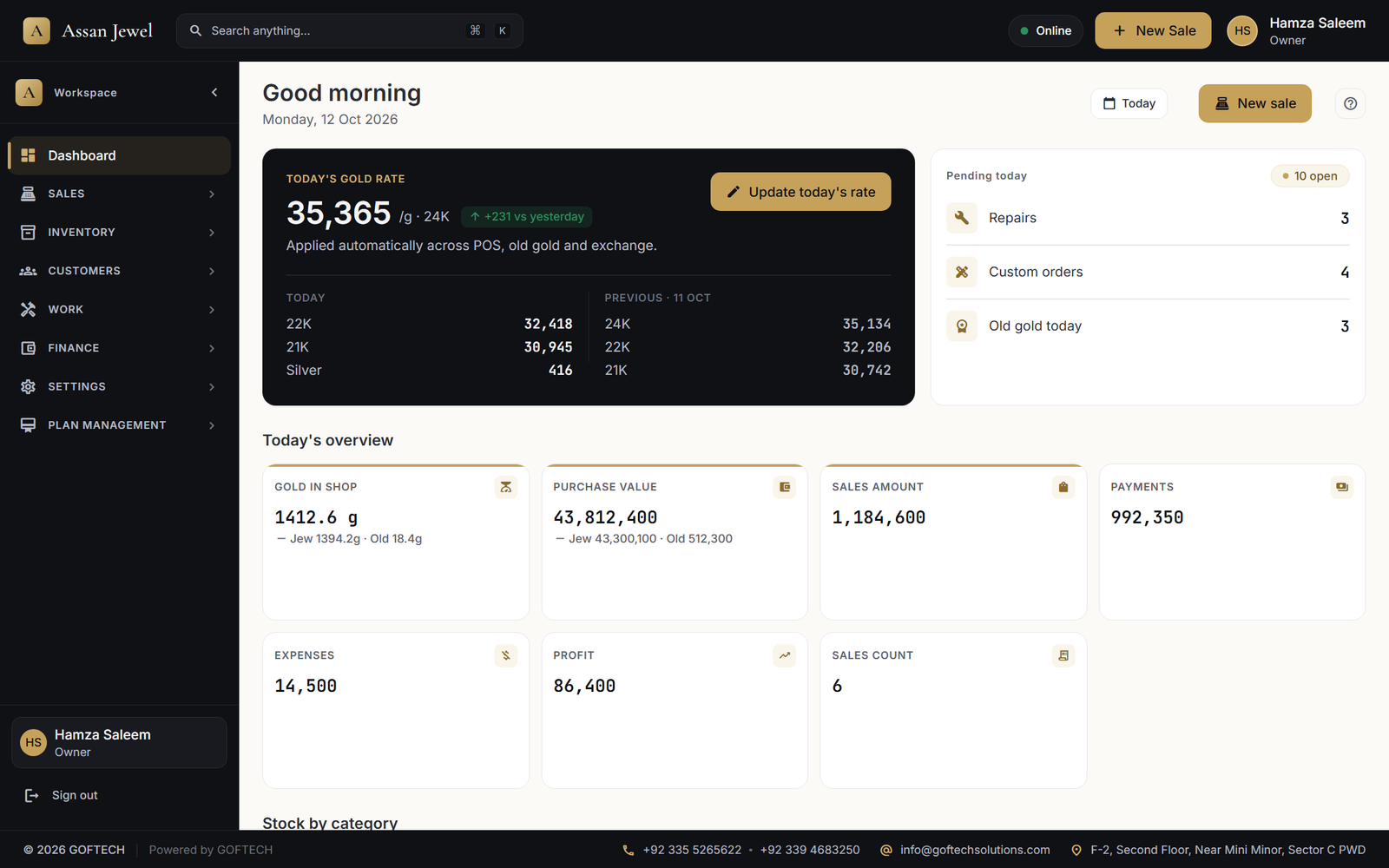 Assan Jewel desktop app dashboard with today's gold rate, sales and pending work