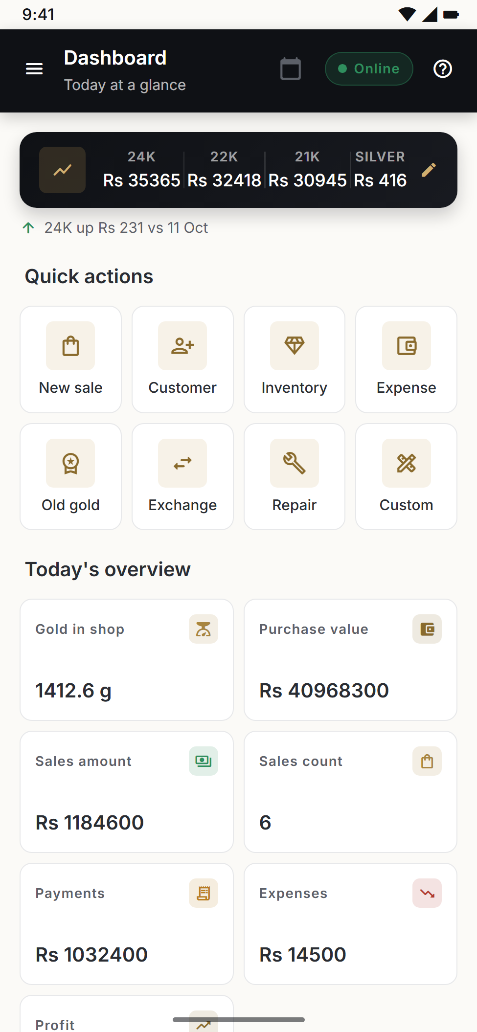 Assan Jewel mobile app dashboard