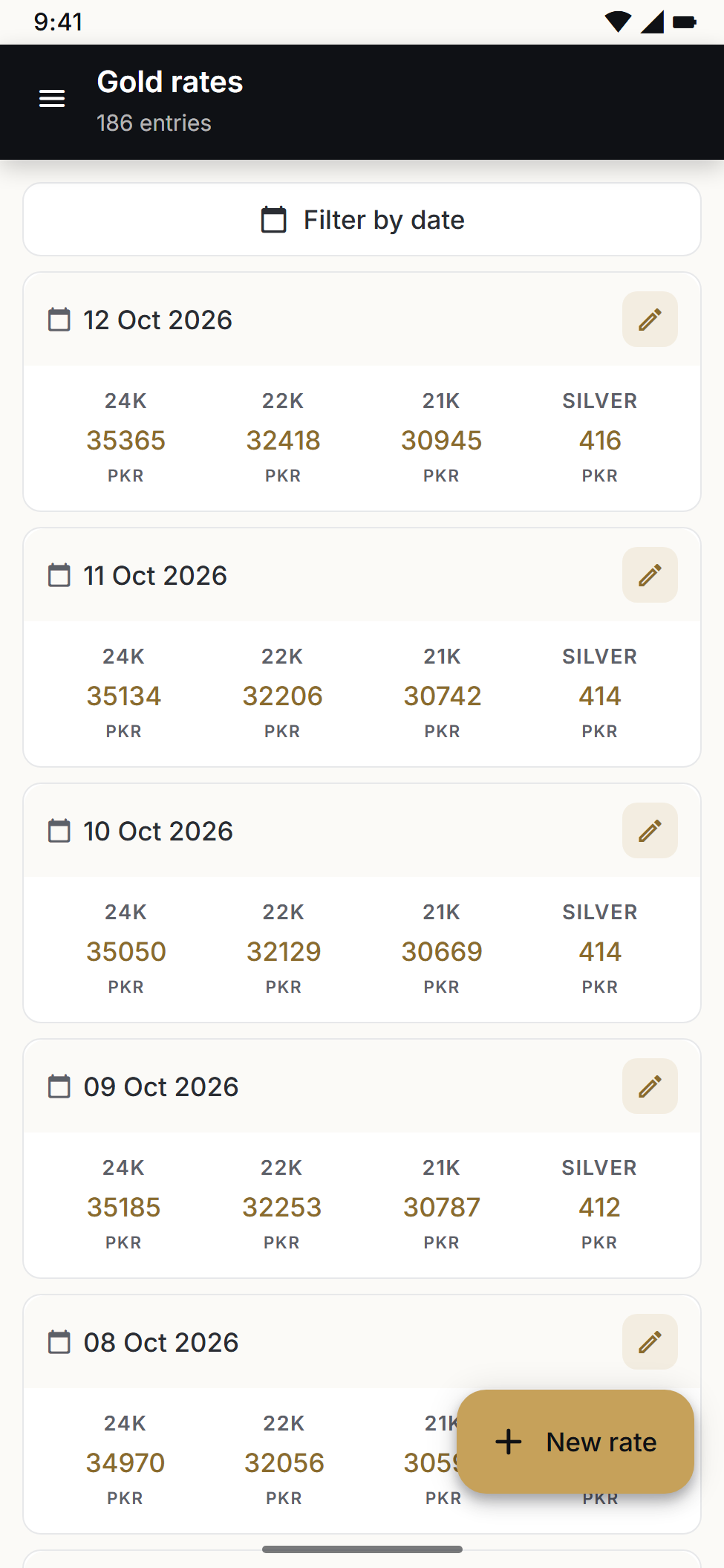 Assan Jewel mobile app: Gold rates screen with 24K, 22K, 21K and silver