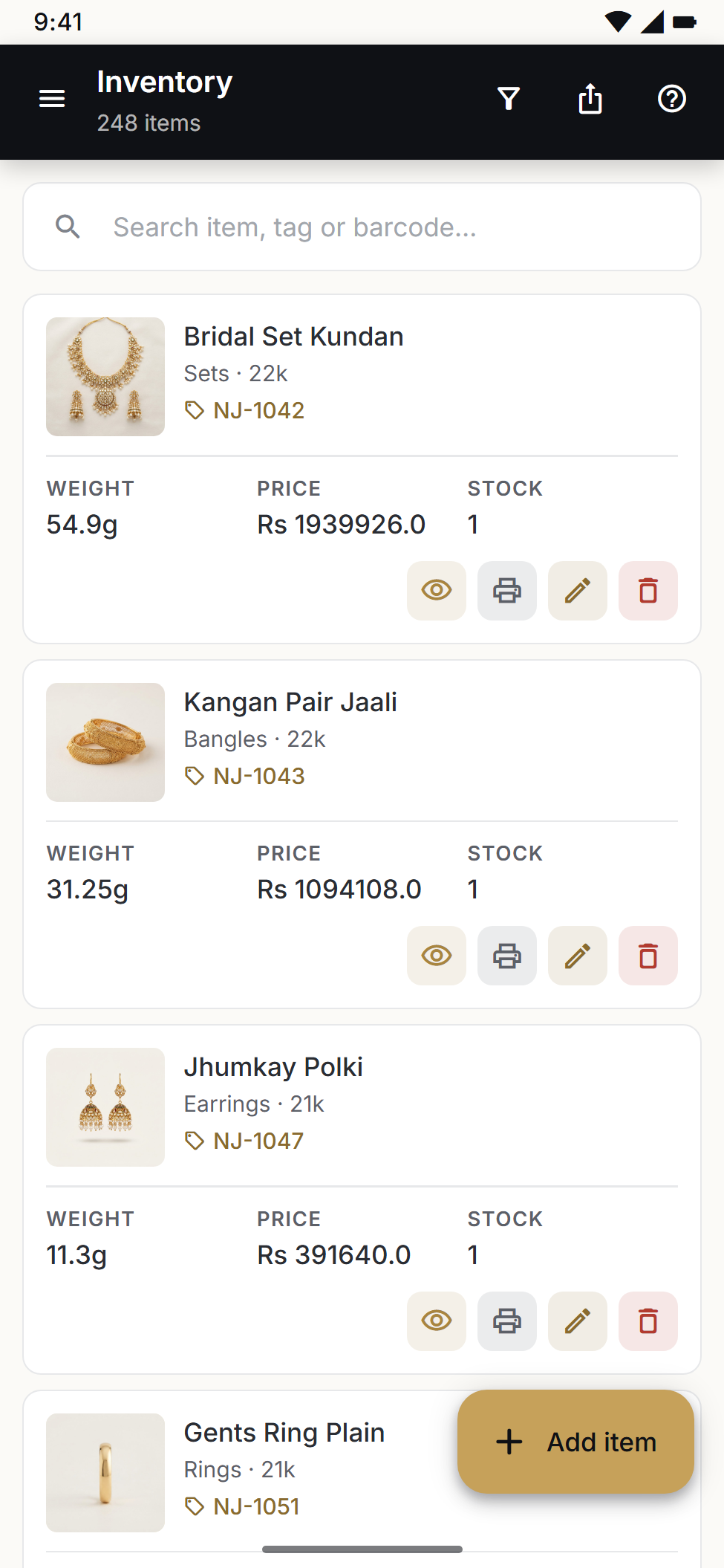 Assan Jewel mobile app: Jewellery items list with weights, karat and status