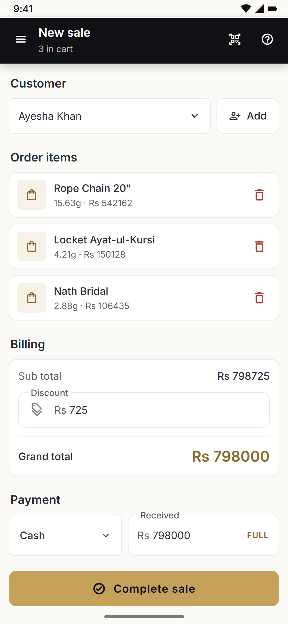 Assan Jewel mobile app: New Sale screen with customer, items and totals